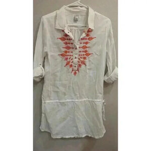 Women's 100% white cotton long sleeve shirt by Prana, size M w/orange embroidery